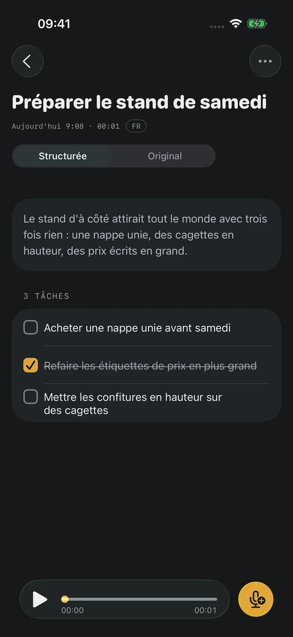 Une note Elsekeep avec son lecteur audio, ses mots d’origine et ses tâches