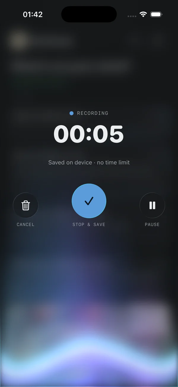 Elsekeep recording a thought on iPhone, with the elapsed timer and recording controls