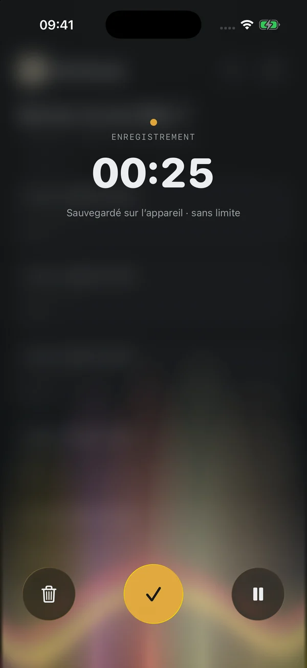Elsekeep enregistre une pensée sur iPhone, avec le compteur et les commandes d’enregistrement