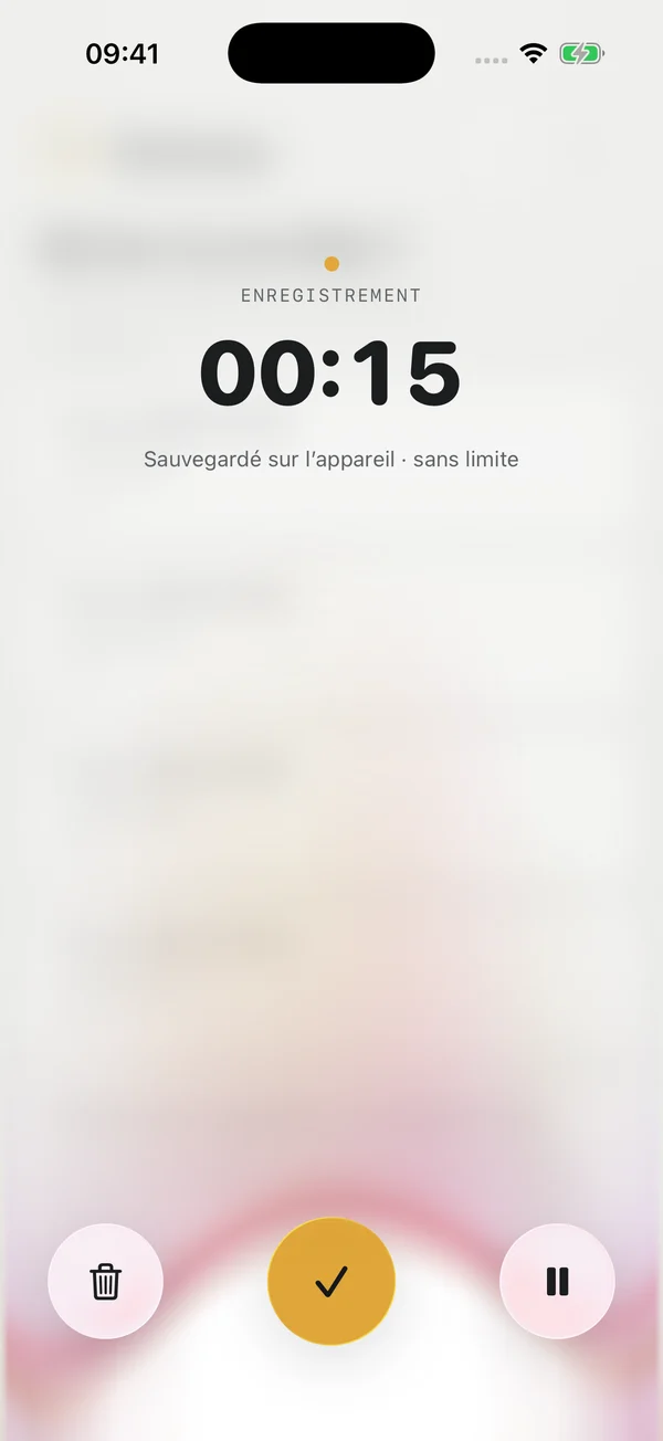 Elsekeep enregistre une pensée sur iPhone, avec le compteur et les commandes d’enregistrement