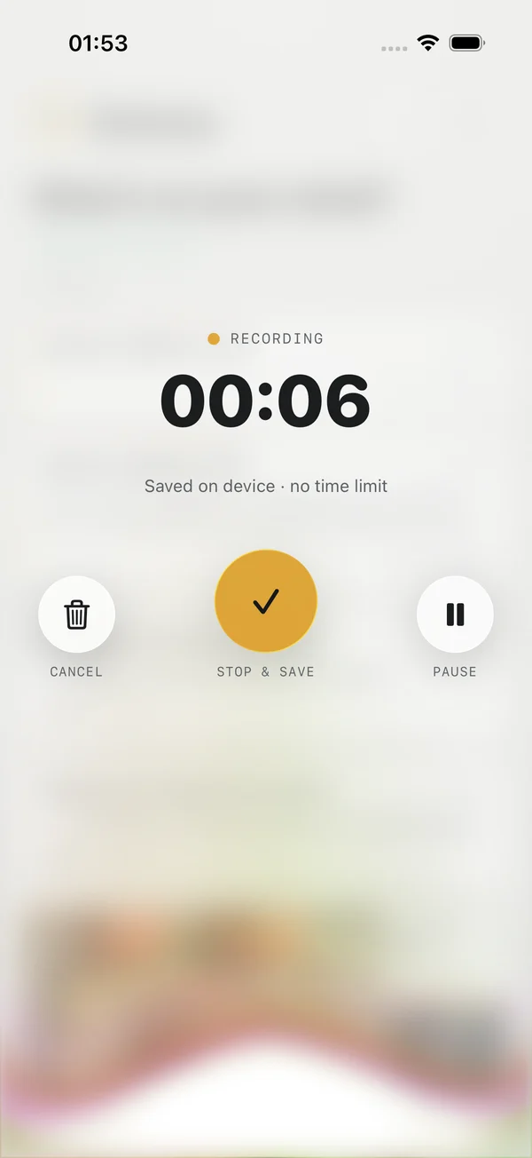 Elsekeep recording a thought on iPhone, with the elapsed timer and recording controls
