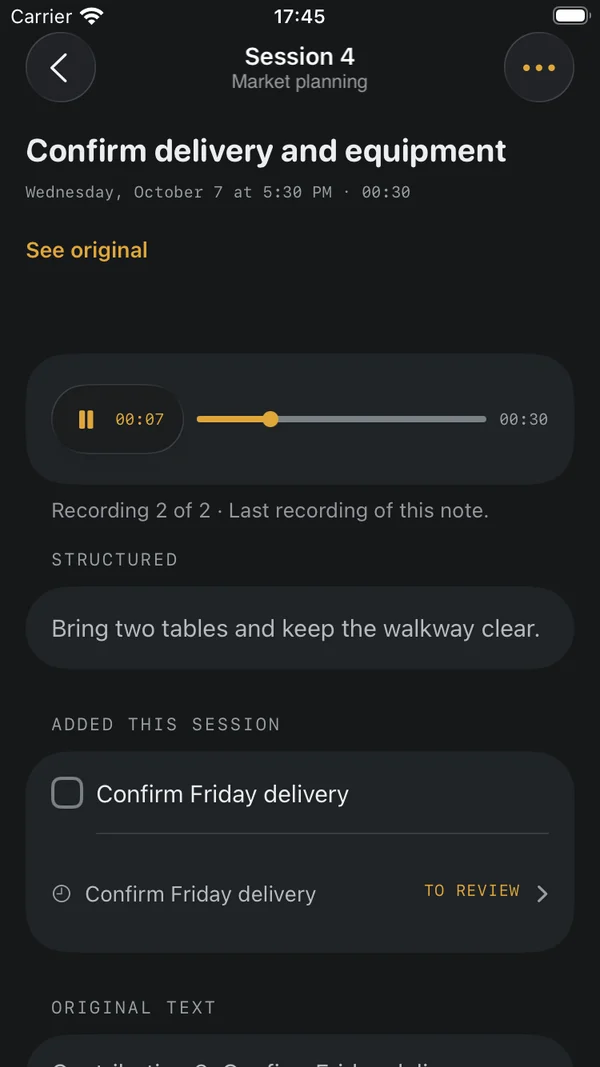An Elsekeep note with its recording player, original words and tasks